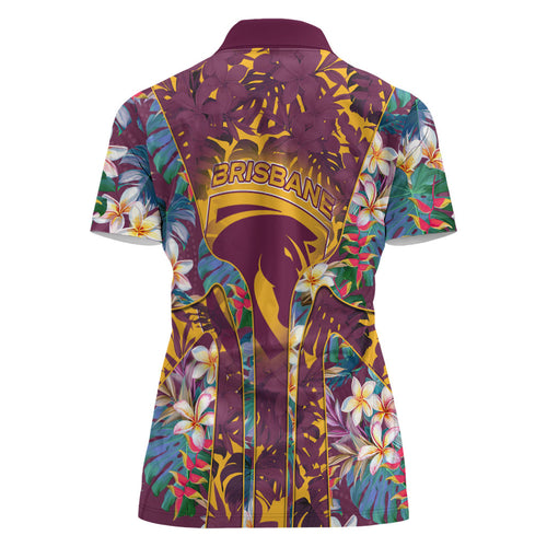 Brisbane Broncos Women Polo Shirt Tropical Hibiscus Floral Pattern With Maroon And Yellow Accents