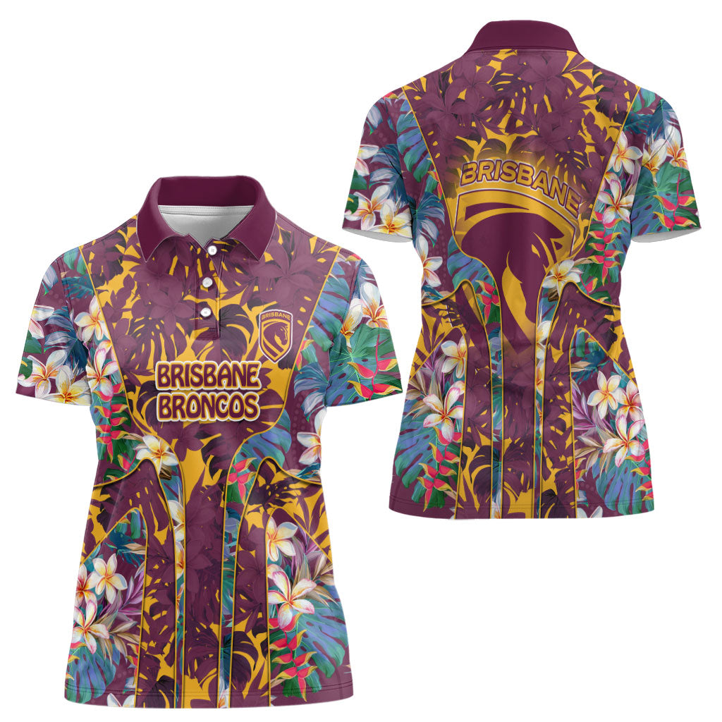 Brisbane Broncos Women Polo Shirt Tropical Hibiscus Floral Pattern With Maroon And Yellow Accents
