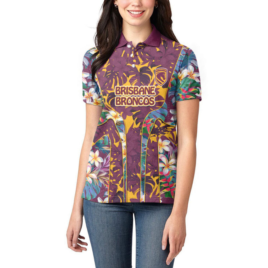 Brisbane Broncos Women Polo Shirt Tropical Hibiscus Floral Pattern With Maroon And Yellow Accents