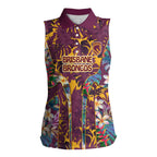 Brisbane Broncos Women Sleeveless Polo Shirt Tropical Hibiscus Floral Pattern With Maroon And Yellow Accents