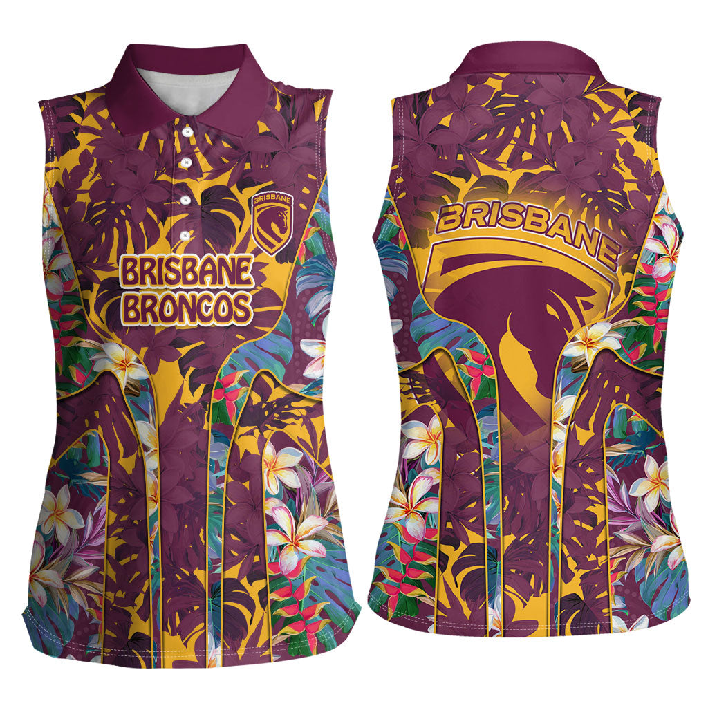Brisbane Broncos Women Sleeveless Polo Shirt Tropical Hibiscus Floral Pattern With Maroon And Yellow Accents