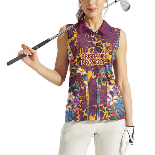 Brisbane Broncos Women Sleeveless Polo Shirt Tropical Hibiscus Floral Pattern With Maroon And Yellow Accents