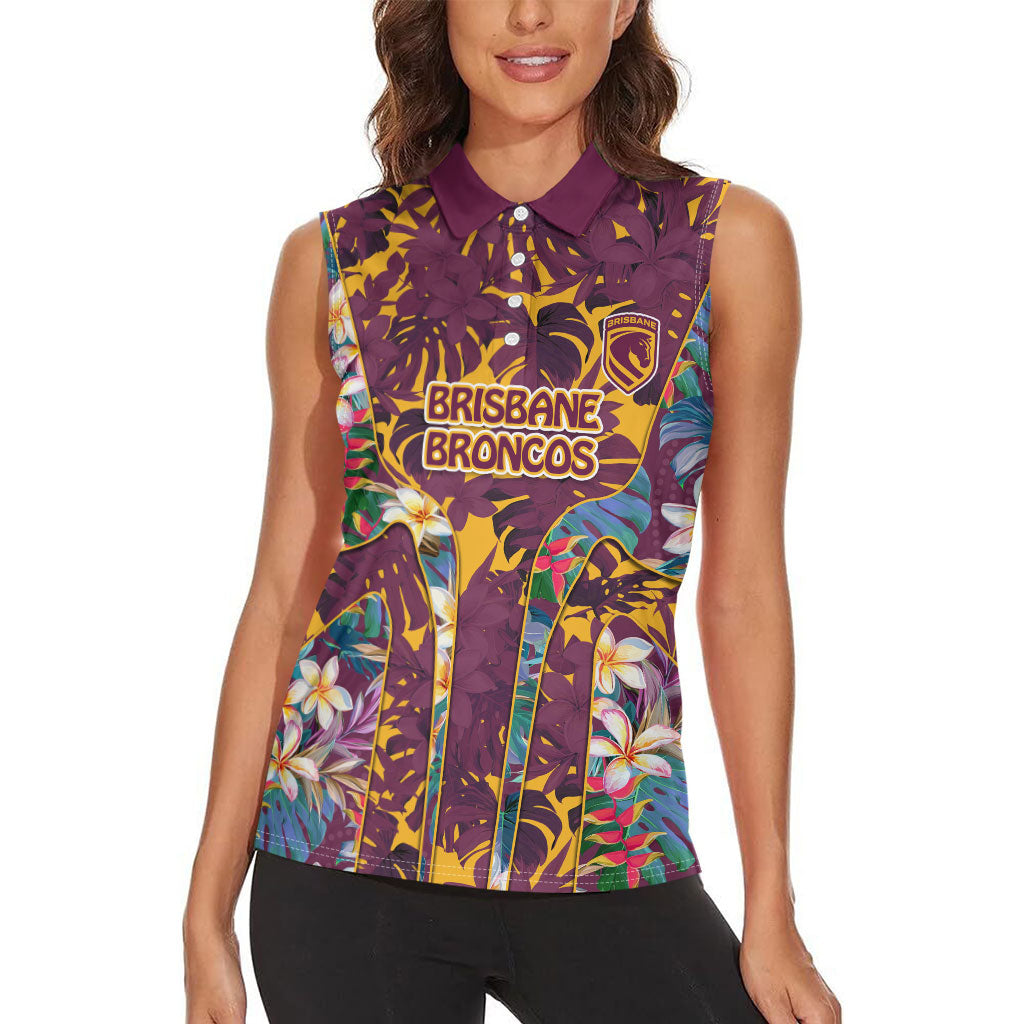 Brisbane Broncos Women Sleeveless Polo Shirt Tropical Hibiscus Floral Pattern With Maroon And Yellow Accents