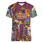Brisbane Broncos Women V-Neck T-Shirt Tropical Hibiscus Floral Pattern With Maroon And Yellow Accents