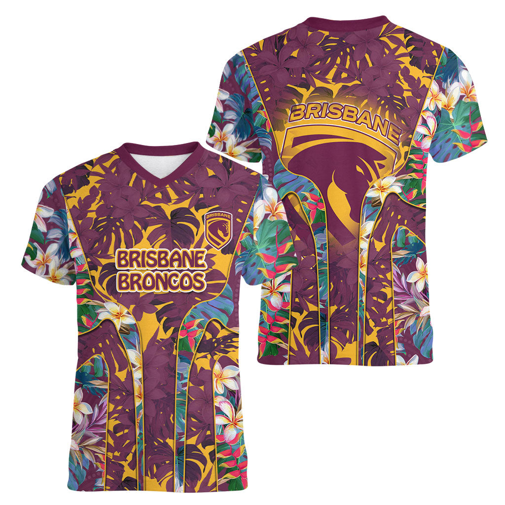 Brisbane Broncos Women V-Neck T-Shirt Tropical Hibiscus Floral Pattern With Maroon And Yellow Accents