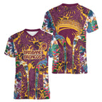 Brisbane Broncos Women V-Neck T-Shirt Tropical Hibiscus Floral Pattern With Maroon And Yellow Accents
