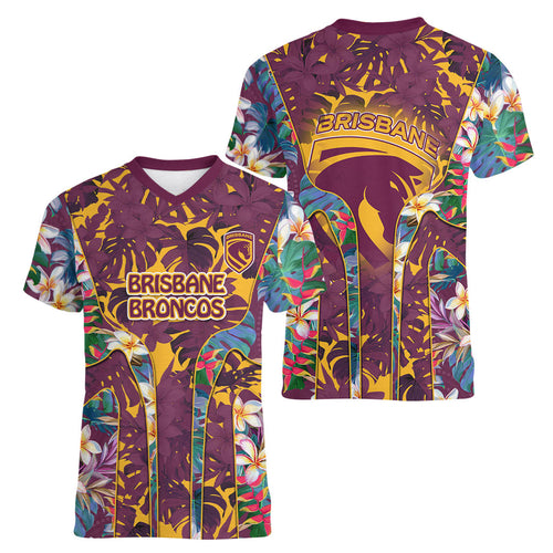 Brisbane Broncos Women V-Neck T-Shirt Tropical Hibiscus Floral Pattern With Maroon And Yellow Accents