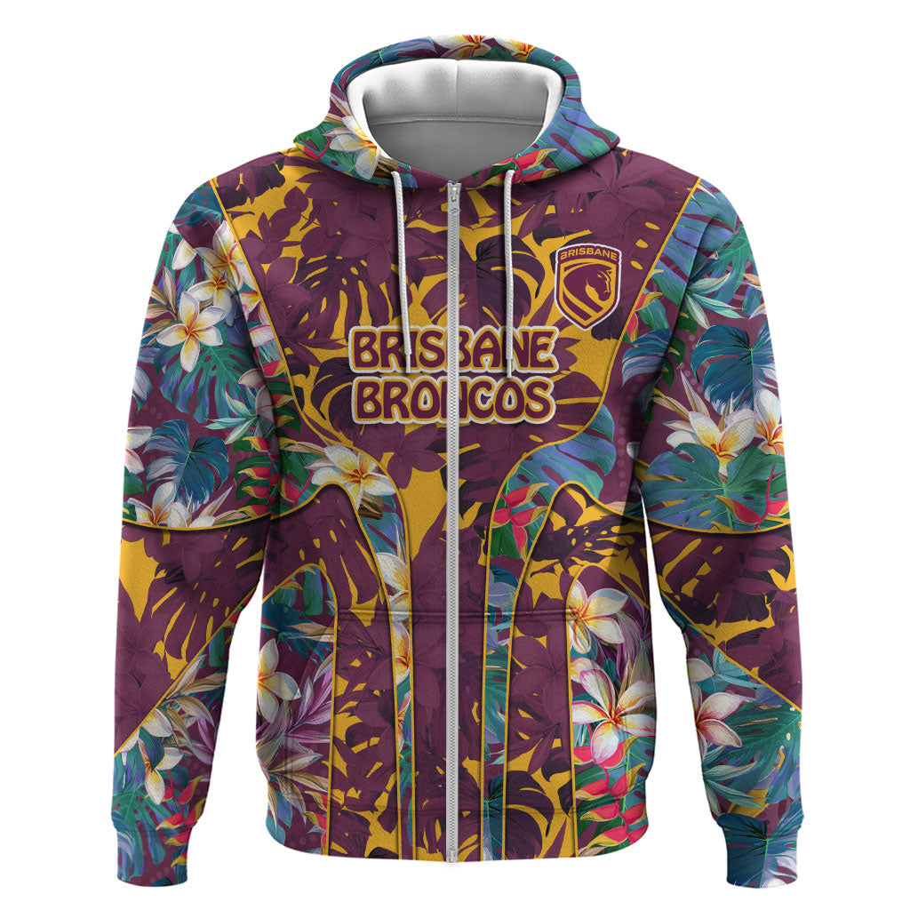 Brisbane Broncos Zip Hoodie Tropical Hibiscus Floral Pattern With Maroon And Yellow Accents