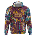 Brisbane Broncos Zip Hoodie Tropical Hibiscus Floral Pattern With Maroon And Yellow Accents