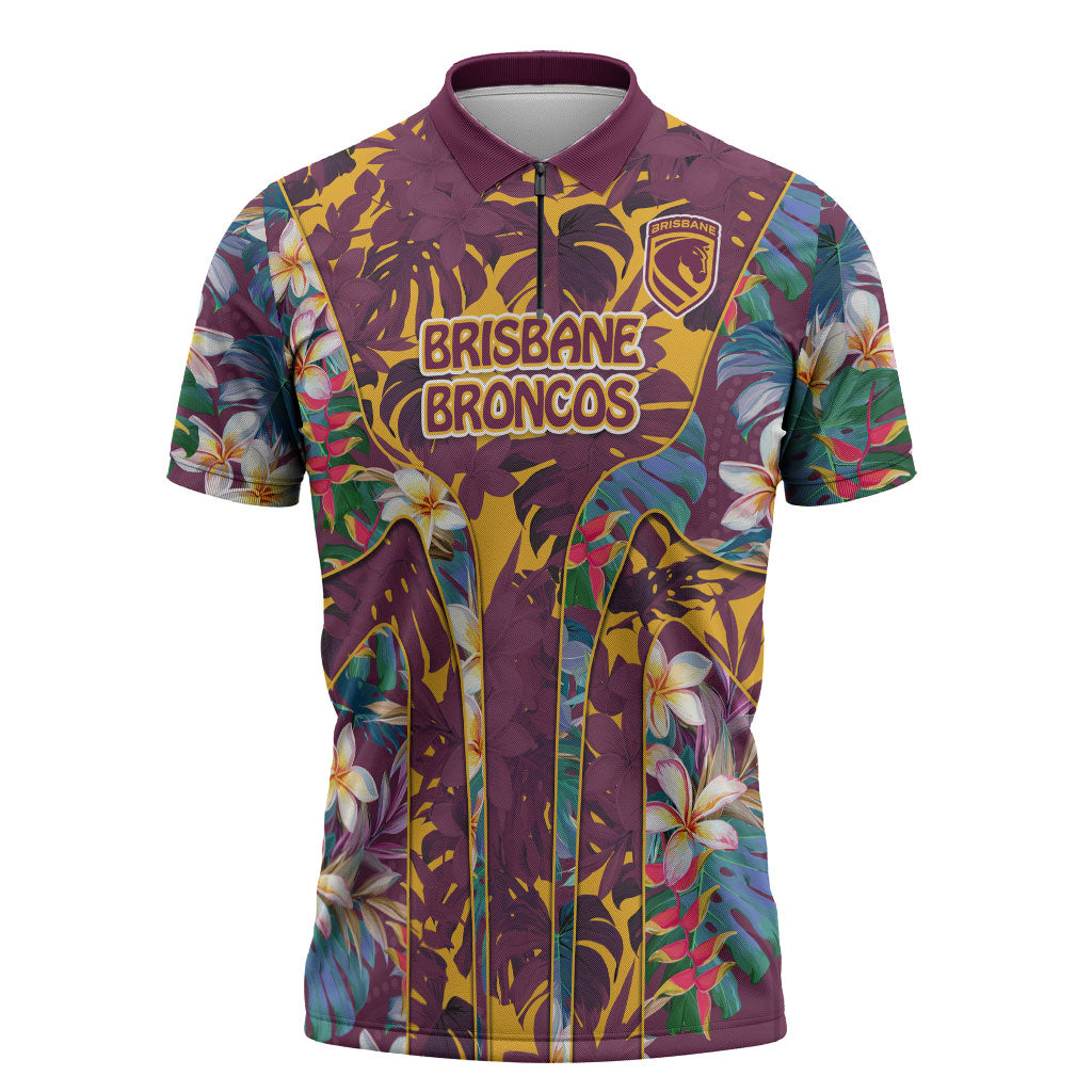 Brisbane Broncos Zipper Polo Shirt Tropical Hibiscus Floral Pattern With Maroon And Yellow Accents