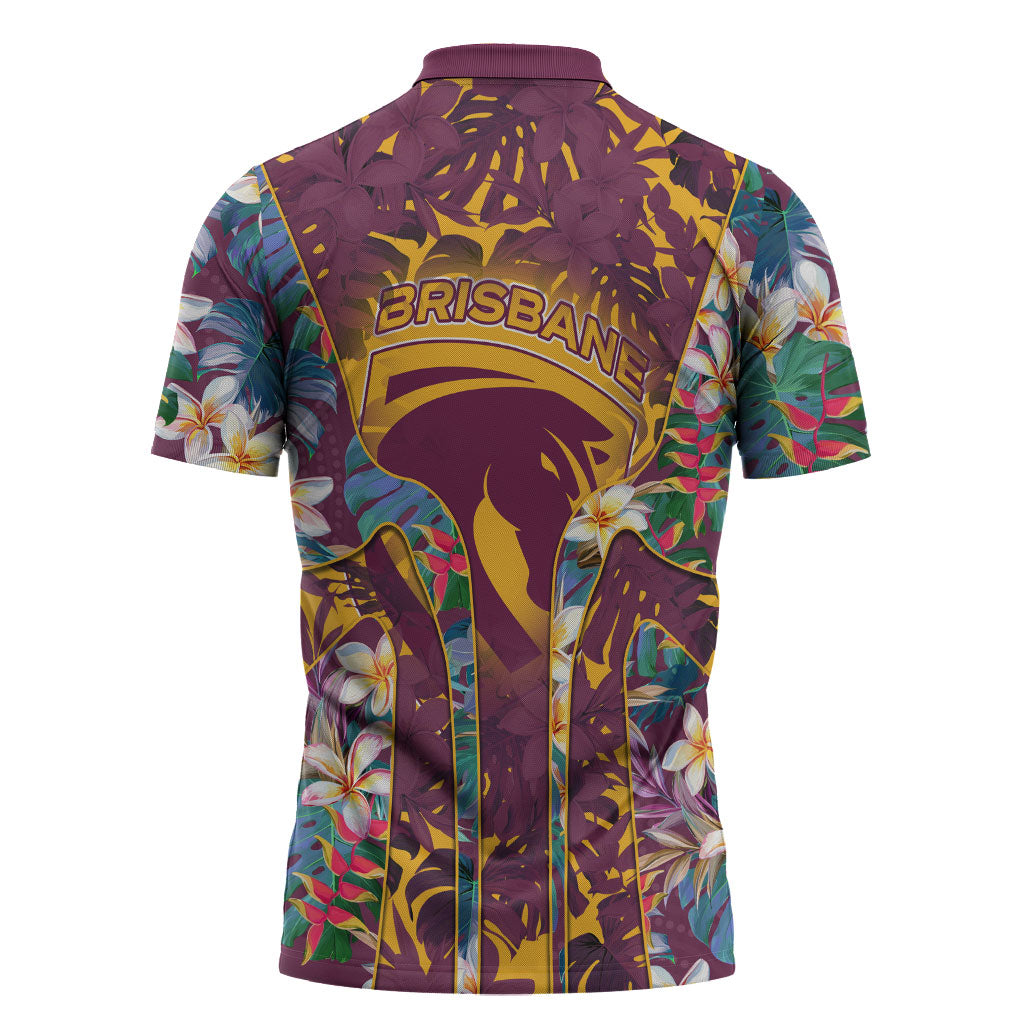 Brisbane Broncos Zipper Polo Shirt Tropical Hibiscus Floral Pattern With Maroon And Yellow Accents