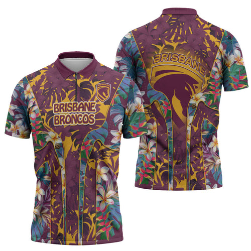Brisbane Broncos Zipper Polo Shirt Tropical Hibiscus Floral Pattern With Maroon And Yellow Accents