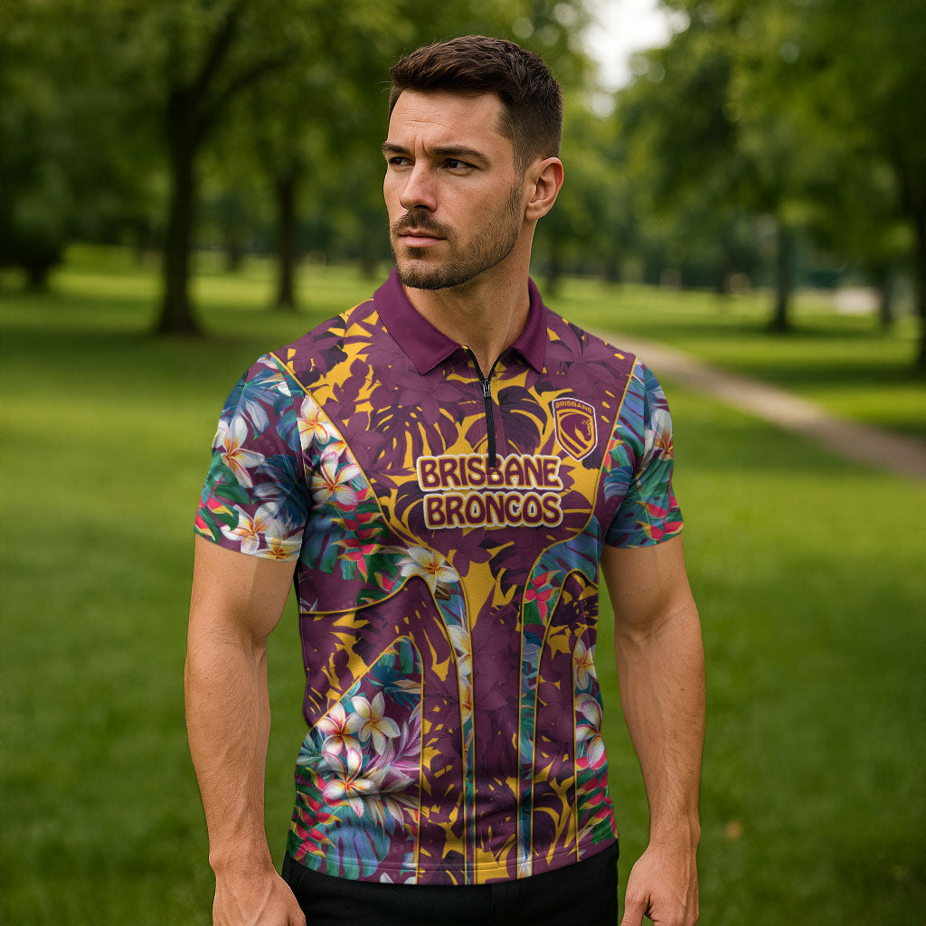 Brisbane Broncos Zipper Polo Shirt Tropical Hibiscus Floral Pattern With Maroon And Yellow Accents