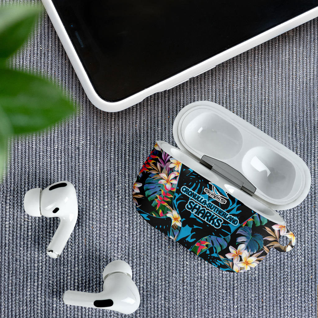 Cronulla-Sutherland Sharks AirPods Case Tropical Island Floral Pattern With Black And Blue Accents