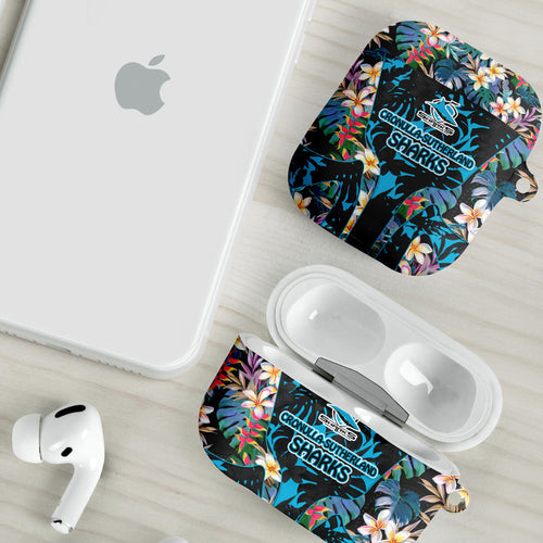 Cronulla-Sutherland Sharks AirPods Case Tropical Island Floral Pattern With Black And Blue Accents