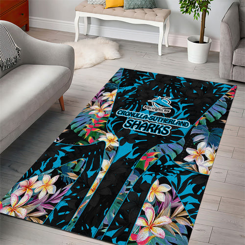 Cronulla-Sutherland Sharks Area Rug Tropical Island Floral Pattern With Black And Blue Accents
