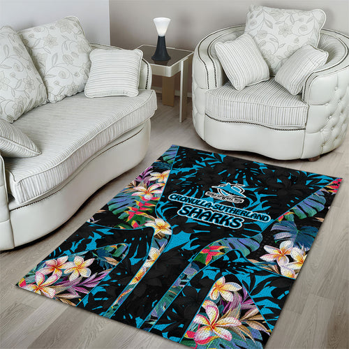 Cronulla-Sutherland Sharks Area Rug Tropical Island Floral Pattern With Black And Blue Accents