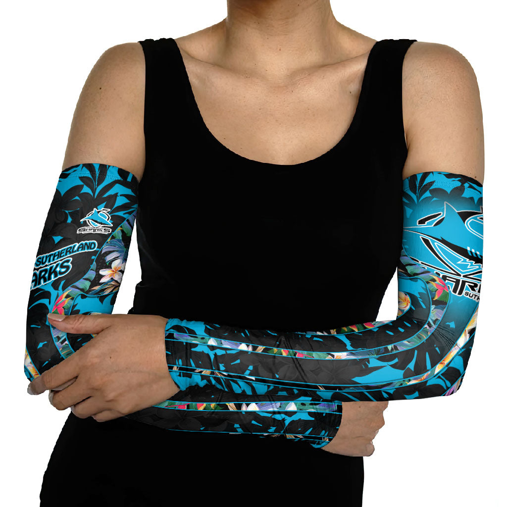 Cronulla-Sutherland Sharks Arm Sleeves Tropical Island Floral Pattern With Black And Blue Accents