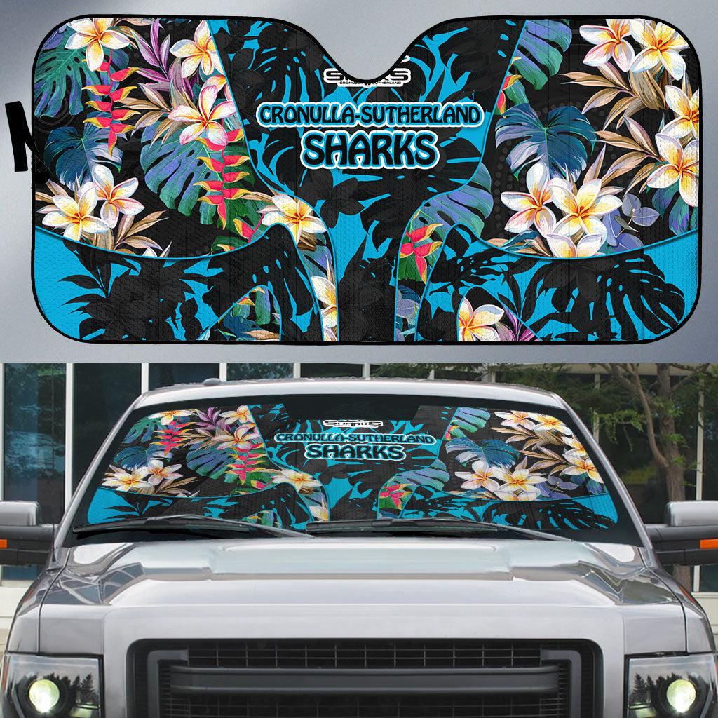 Cronulla-Sutherland Sharks Auto Sun Shade Tropical Island Floral Pattern With Black And Blue Accents