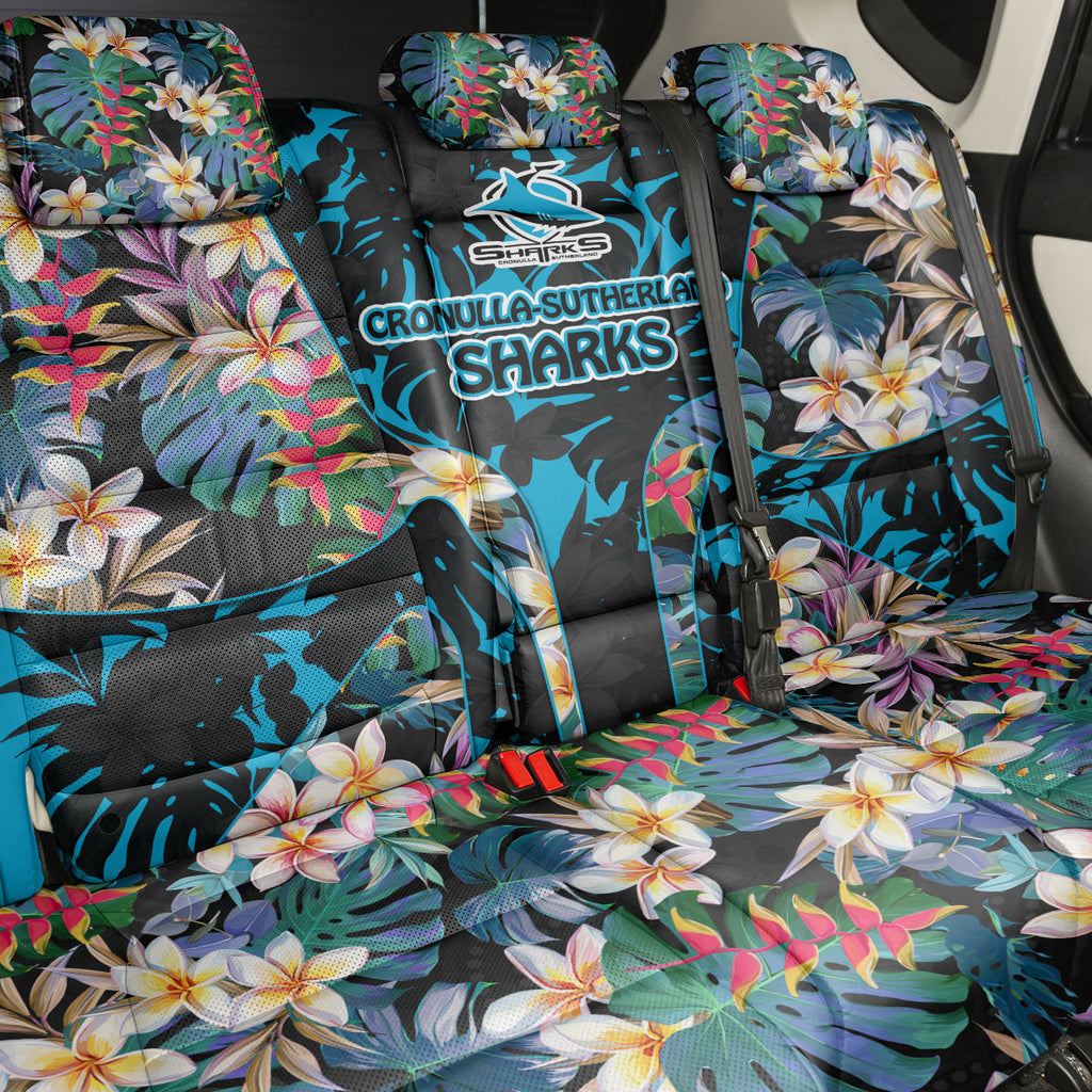 Cronulla-Sutherland Sharks Back Car Seat Cover Tropical Island Floral Pattern With Black And Blue Accents