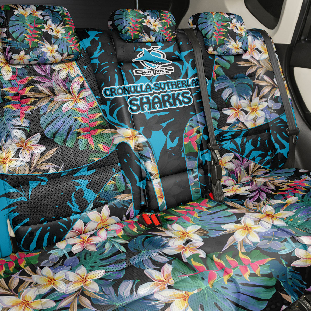 Cronulla-Sutherland Sharks Back Car Seat Cover Tropical Island Floral Pattern With Black And Blue Accents