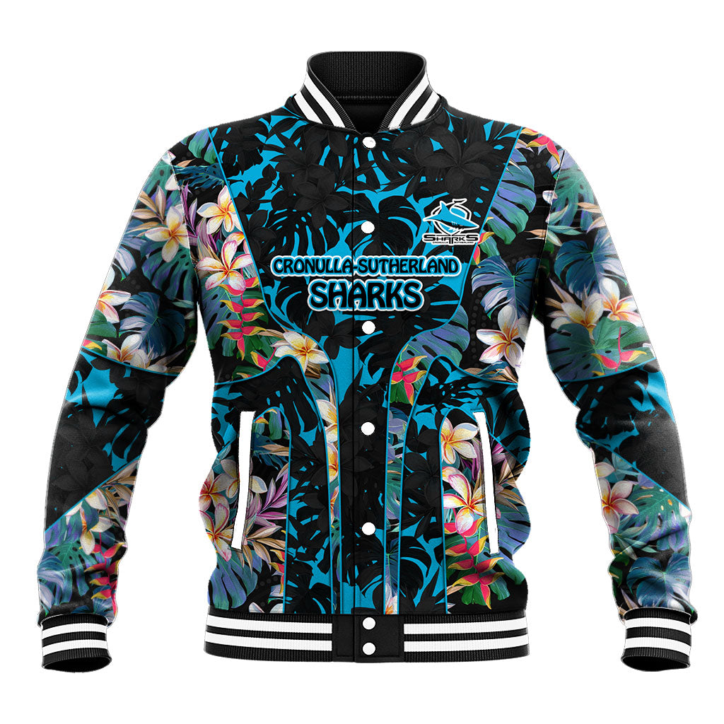 Cronulla-Sutherland Sharks Baseball Jacket Tropical Island Floral Pattern With Black And Blue Accents
