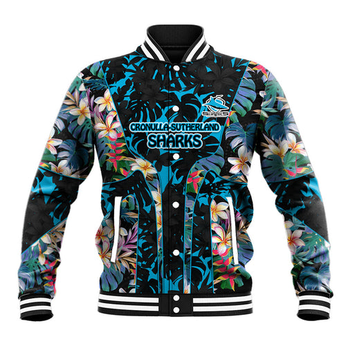 Cronulla-Sutherland Sharks Baseball Jacket Tropical Island Floral Pattern With Black And Blue Accents