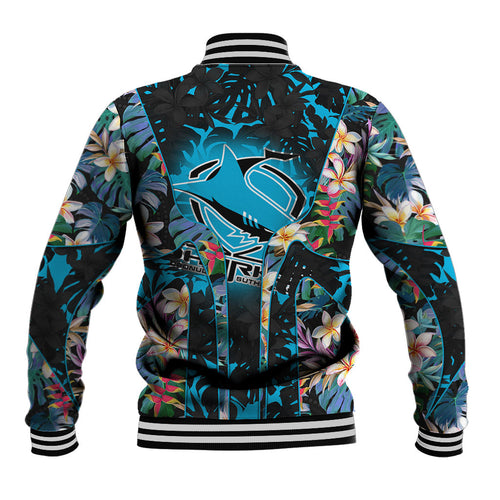 Cronulla-Sutherland Sharks Baseball Jacket Tropical Island Floral Pattern With Black And Blue Accents
