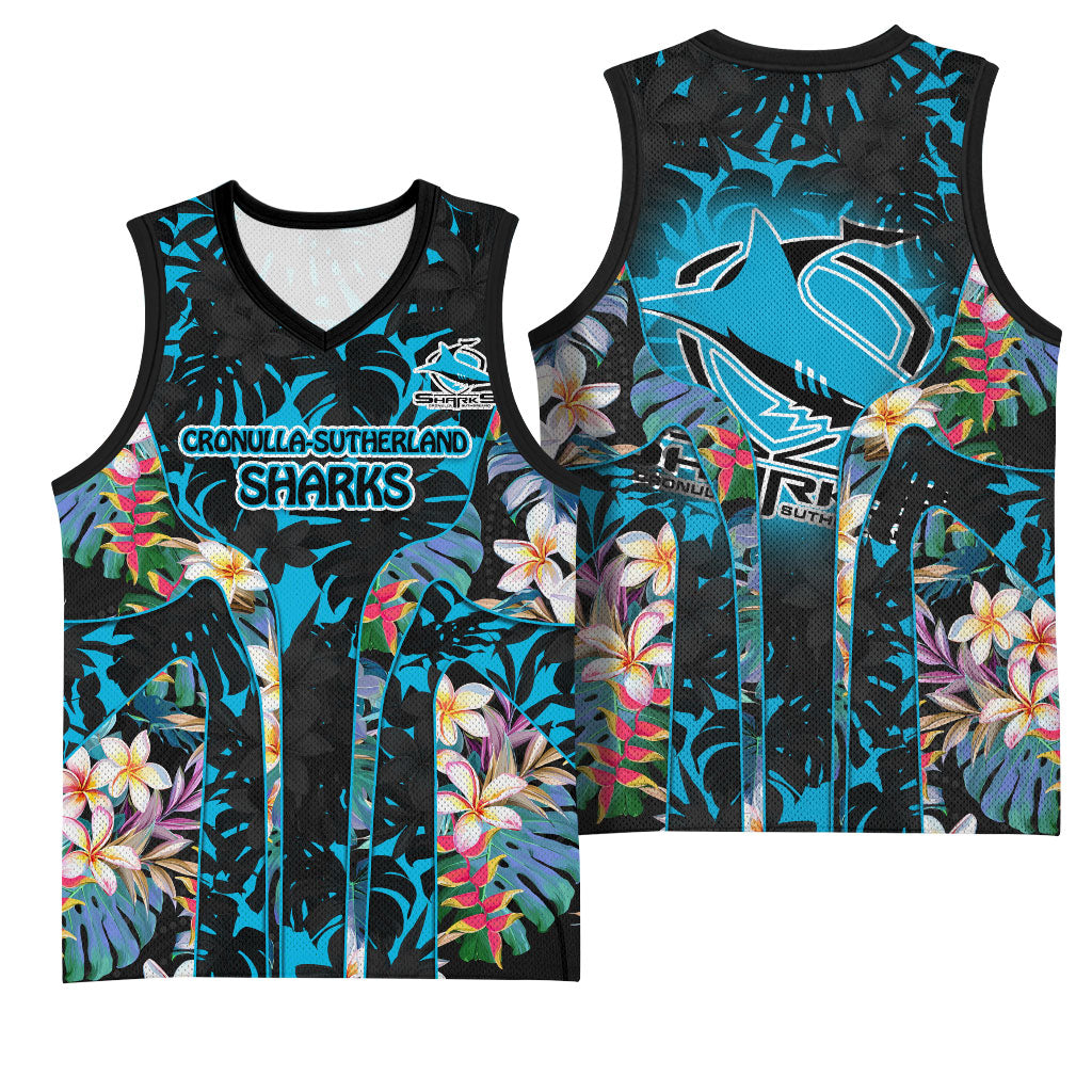 Cronulla-Sutherland Sharks Basketball Jersey Tropical Island Floral Pattern With Black And Blue Accents