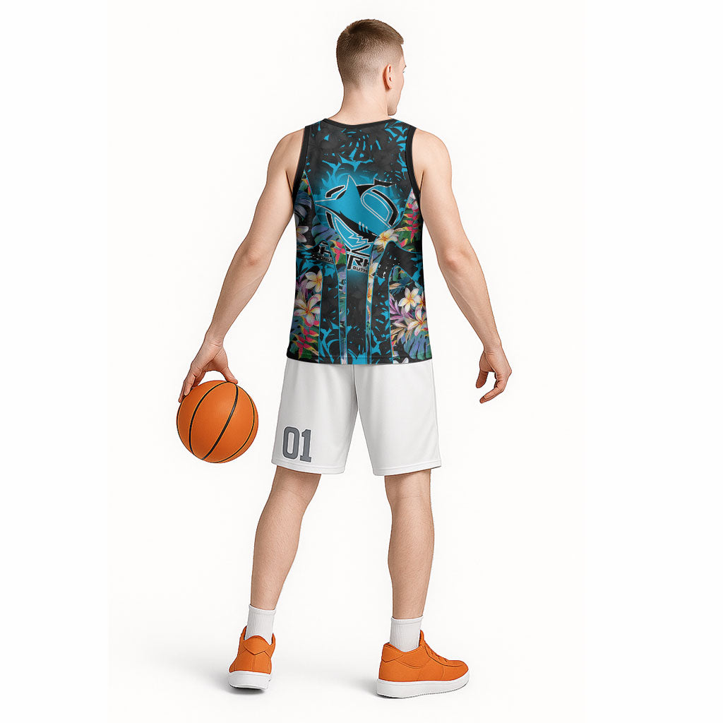 Cronulla-Sutherland Sharks Basketball Jersey Tropical Island Floral Pattern With Black And Blue Accents