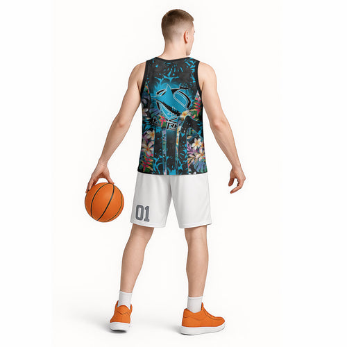Cronulla-Sutherland Sharks Basketball Jersey Tropical Island Floral Pattern With Black And Blue Accents