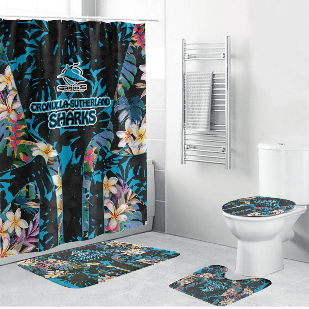 Cronulla-Sutherland Sharks Bathroom Set Tropical Island Floral Pattern With Black And Blue Accents