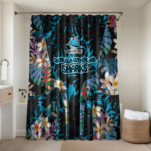 Cronulla-Sutherland Sharks Bathroom Set Tropical Island Floral Pattern With Black And Blue Accents