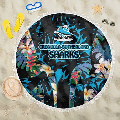Cronulla-Sutherland Sharks Beach Blanket Tropical Island Floral Pattern With Black And Blue Accents