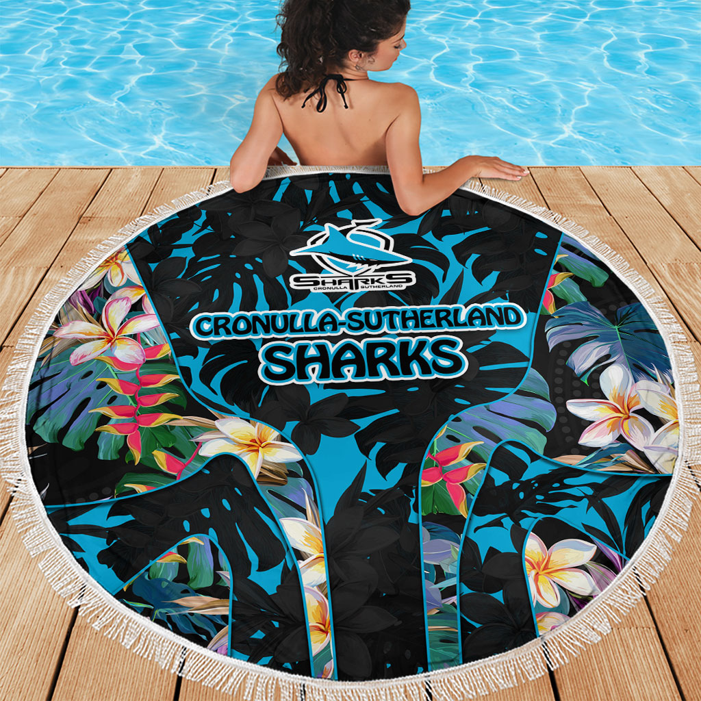 Cronulla-Sutherland Sharks Beach Blanket Tropical Island Floral Pattern With Black And Blue Accents