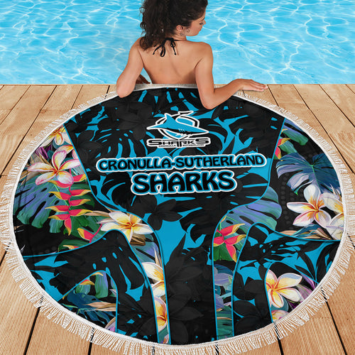 Cronulla-Sutherland Sharks Beach Blanket Tropical Island Floral Pattern With Black And Blue Accents