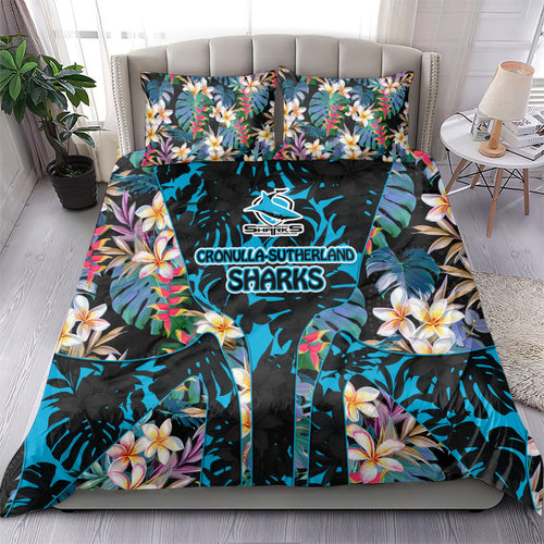 Cronulla-Sutherland Sharks Bedding Set Tropical Island Floral Pattern With Black And Blue Accents