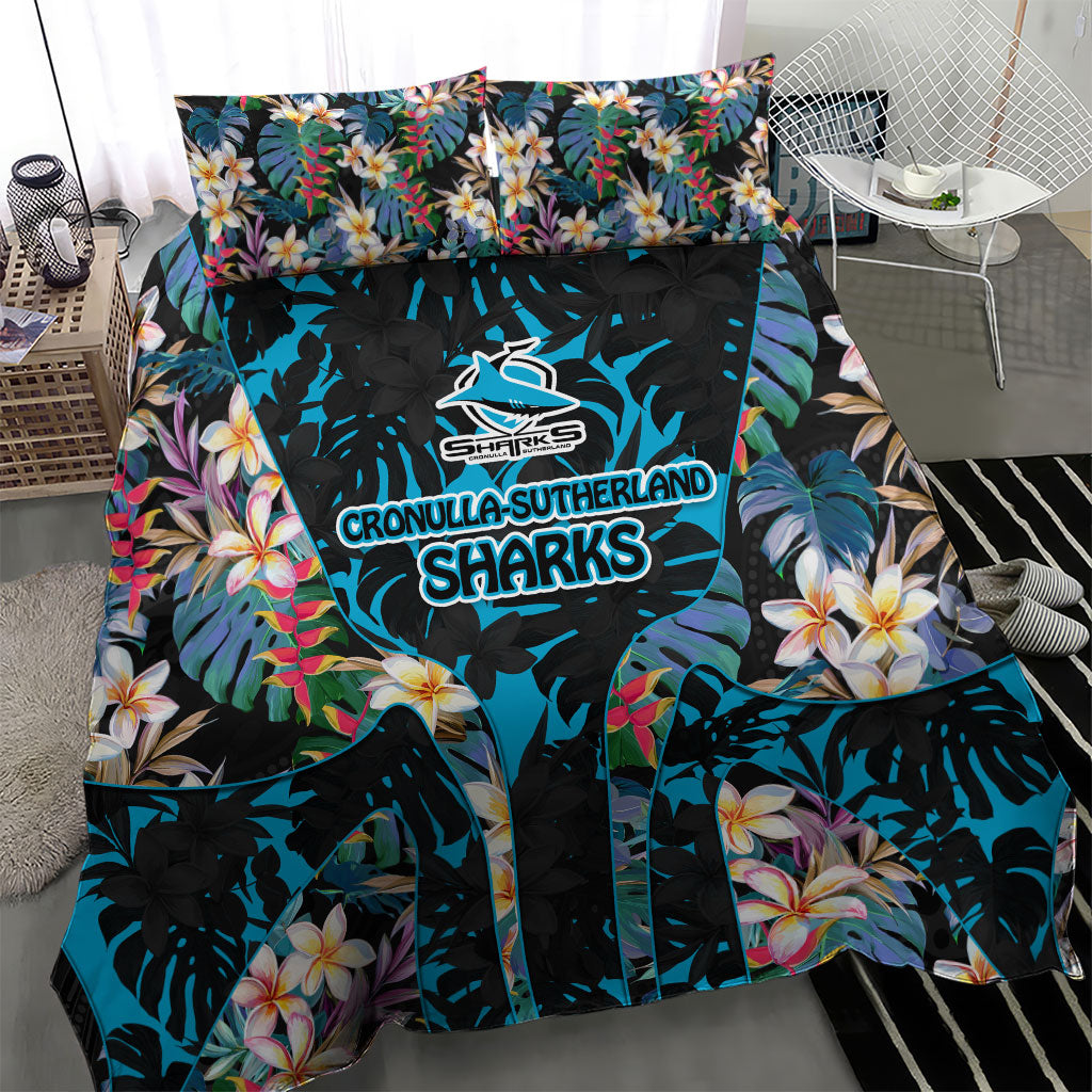 Cronulla-Sutherland Sharks Bedding Set Tropical Island Floral Pattern With Black And Blue Accents