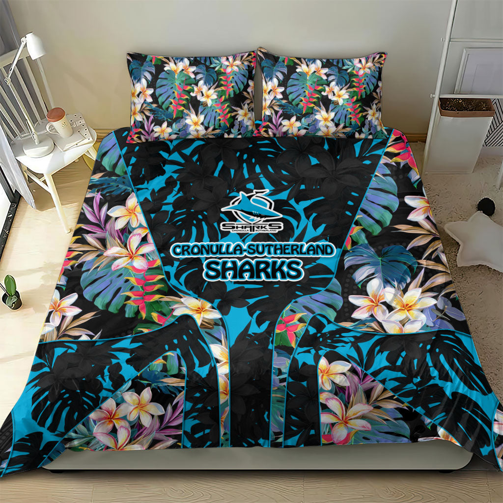 Cronulla-Sutherland Sharks Bedding Set Tropical Island Floral Pattern With Black And Blue Accents
