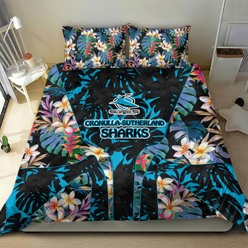 Cronulla-Sutherland Sharks Bedding Set Tropical Island Floral Pattern With Black And Blue Accents