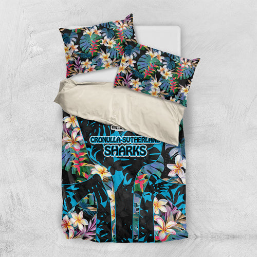 Cronulla-Sutherland Sharks Bedding Set Tropical Island Floral Pattern With Black And Blue Accents