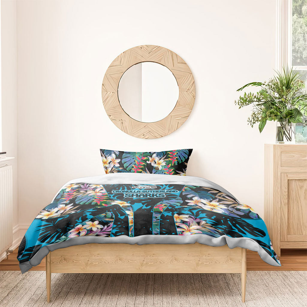 Cronulla-Sutherland Sharks Bedding Set Tropical Island Floral Pattern With Black And Blue Accents