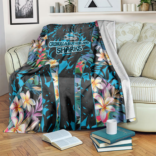 Cronulla-Sutherland Sharks Blanket Tropical Island Floral Pattern With Black And Blue Accents