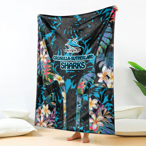 Cronulla-Sutherland Sharks Blanket Tropical Island Floral Pattern With Black And Blue Accents