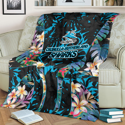Cronulla-Sutherland Sharks Blanket Tropical Island Floral Pattern With Black And Blue Accents