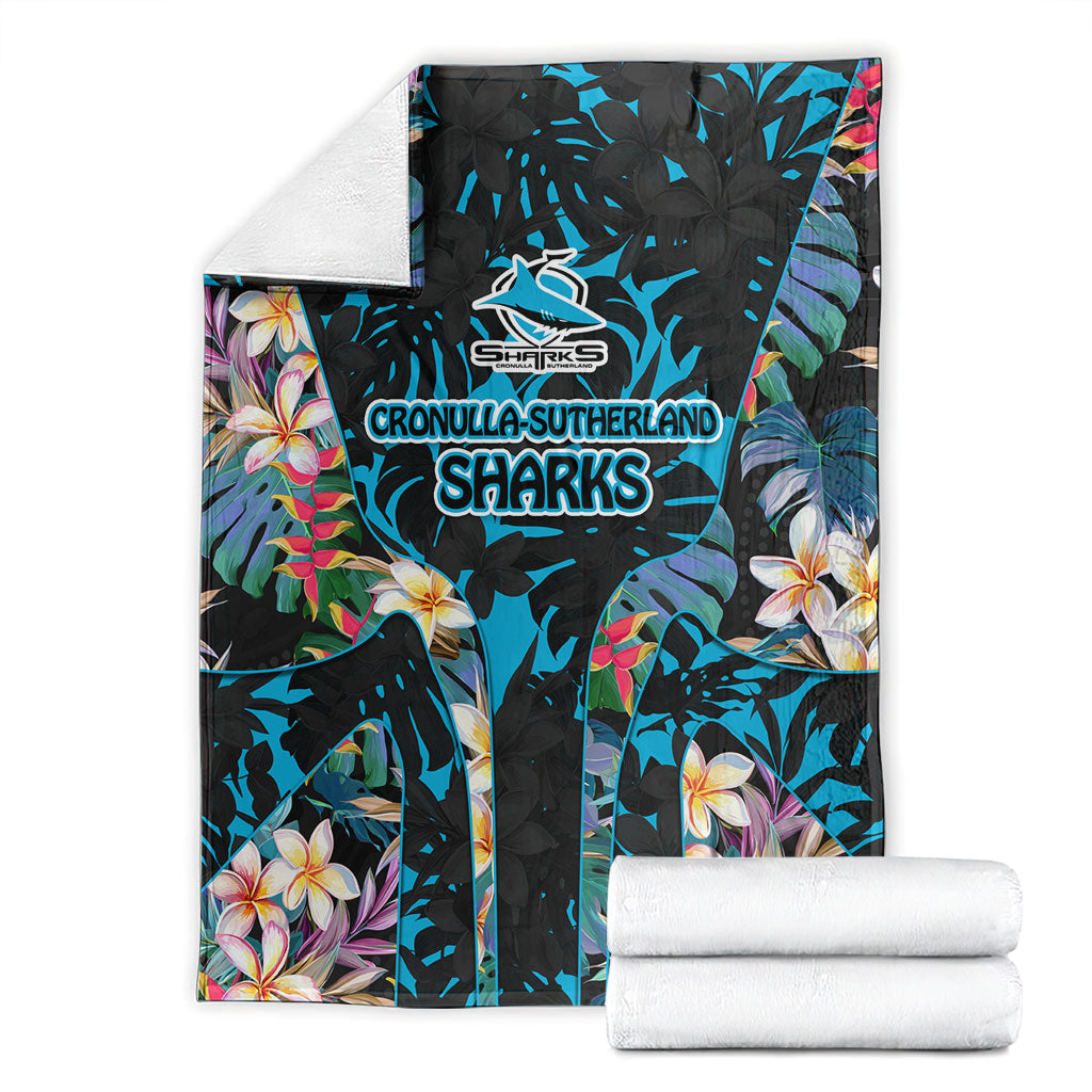 Cronulla-Sutherland Sharks Blanket Tropical Island Floral Pattern With Black And Blue Accents