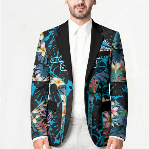 Cronulla-Sutherland Sharks Blazer Tropical Island Floral Pattern With Black And Blue Accents