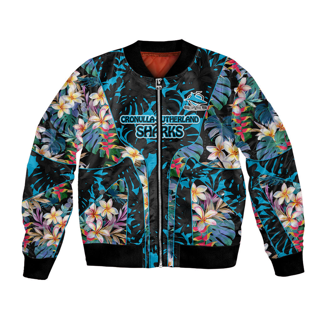 Cronulla-Sutherland Sharks Bomber Jacket Tropical Island Floral Pattern With Black And Blue Accents