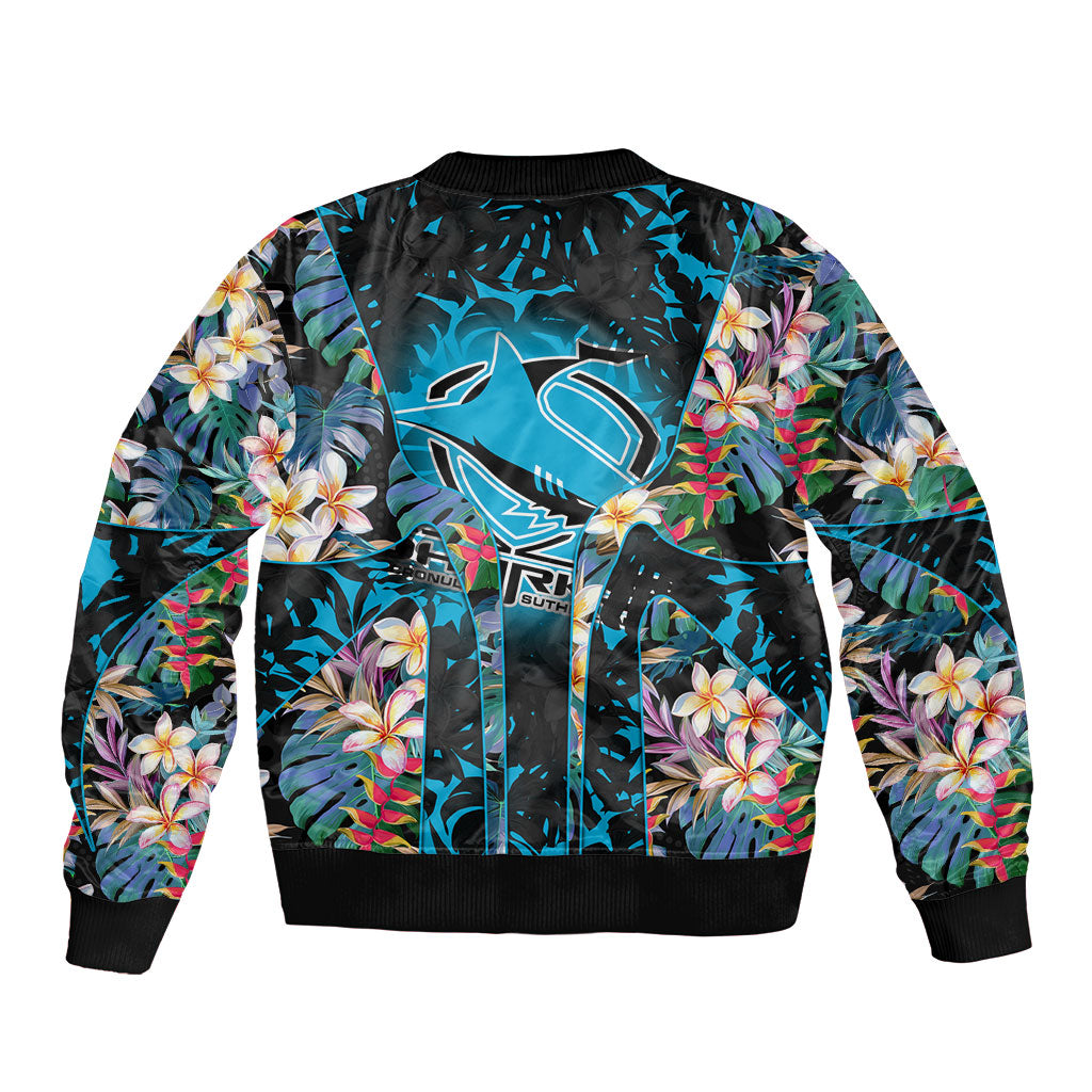 Cronulla-Sutherland Sharks Bomber Jacket Tropical Island Floral Pattern With Black And Blue Accents