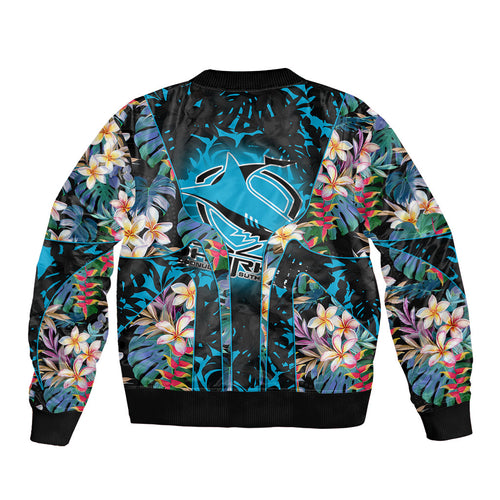 Cronulla-Sutherland Sharks Bomber Jacket Tropical Island Floral Pattern With Black And Blue Accents